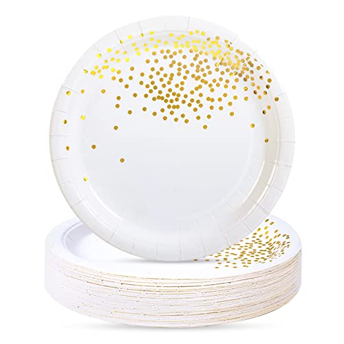 Simbago Gold Dots Party Paper Plates, 50 PCS Disposable Party Supplies Dessert Paper Plates for Birthday Party,Wedding Birdal Christmas Baby Shower (7 inches)