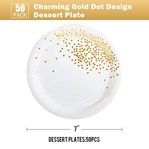 Simbago Gold Dots Party Paper Plates, 50 PCS Disposable Party Supplies Dessert Paper Plates for Birthday Party,Wedding Birdal Christmas Baby Shower (7 inches)