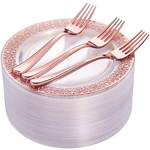 I00000 72 Pieces Rose Gold Dessert Plates 7.5" & 72 Pieces Disposable Forks 7.4", Clear Lace Design Plastic Salad Plates, BPA Free Appetizer Plates for all Holidays & Occasions & Party