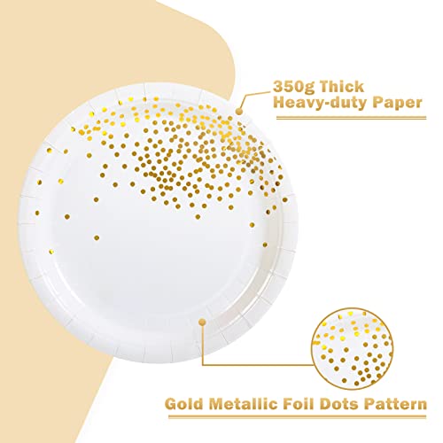 Simbago Gold Dots Party Paper Plates, 50 PCS Disposable Party Supplies Dessert Paper Plates for Birthday Party,Wedding Birdal Christmas Baby Shower (7 inches)