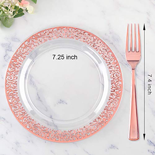 I00000 72 Pieces Rose Gold Dessert Plates 7.5" & 72 Pieces Disposable Forks 7.4", Clear Lace Design Plastic Salad Plates, BPA Free Appetizer Plates for all Holidays & Occasions & Party