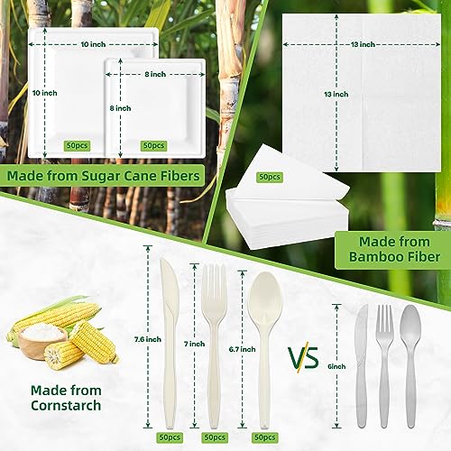 FEHHTO Compostable Paper Plates Set, 300PCS Disposable Heavy-Duty Plate and Utensils, Eco Friendly Biodegradable Dinnerware Kit Includes Plates, Forks, Knives, Spoons and Napkins for Party 50 People
