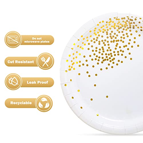 Simbago Gold Dots Party Paper Plates, 50 PCS Disposable Party Supplies Dessert Paper Plates for Birthday Party,Wedding Birdal Christmas Baby Shower (7 inches)