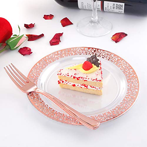 I00000 72 Pieces Rose Gold Dessert Plates 7.5" & 72 Pieces Disposable Forks 7.4", Clear Lace Design Plastic Salad Plates, BPA Free Appetizer Plates for all Holidays & Occasions & Party