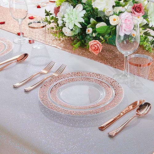 I00000 72 Pieces Rose Gold Dessert Plates 7.5" & 72 Pieces Disposable Forks 7.4", Clear Lace Design Plastic Salad Plates, BPA Free Appetizer Plates for all Holidays & Occasions & Party