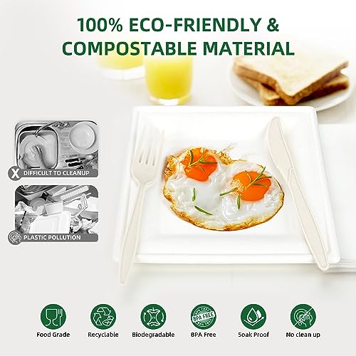 FEHHTO Compostable Paper Plates Set, 300PCS Disposable Heavy-Duty Plate and Utensils, Eco Friendly Biodegradable Dinnerware Kit Includes Plates, Forks, Knives, Spoons and Napkins for Party 50 People
