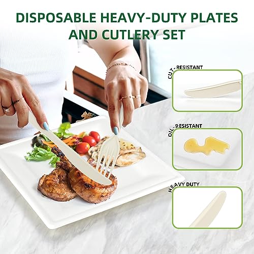 FEHHTO Compostable Paper Plates Set, 300PCS Disposable Heavy-Duty Plate and Utensils, Eco Friendly Biodegradable Dinnerware Kit Includes Plates, Forks, Knives, Spoons and Napkins for Party 50 People
