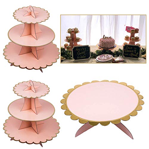 3-Pack Cardboard Cupcake Stand Dessert Tower 3 Tier(2PC) + 1Tier(1PC) Paper Cake Stand (Pink and Gold)