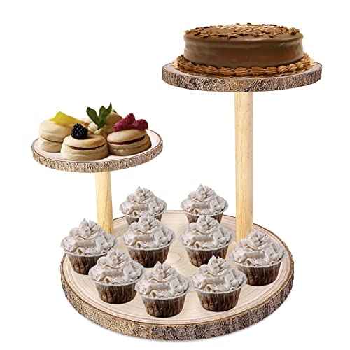 Ayfjovs 3 Tiered Wood Cupcake Stand, Rustic Wood Cake Stand, Wood Dessert Display Tray, Detachable Wood Slices Cake Stands for Party and Wedding Decoration