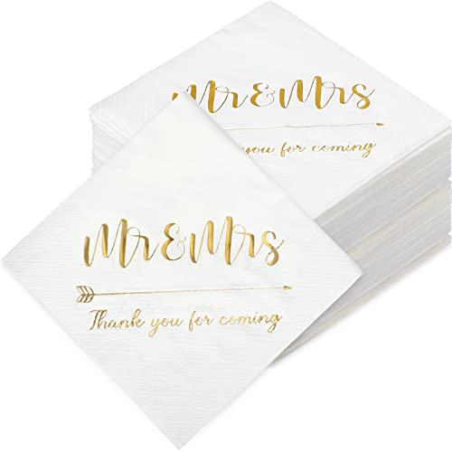 200 Pieces Wedding Napkins Mr Mrs Wedding Cocktail Napkins 3 Ply Gold Foil Napkins Disposable Beverage Dessert Napkins for Wedding Table Decorations Shower Engagement Party(Simple)
