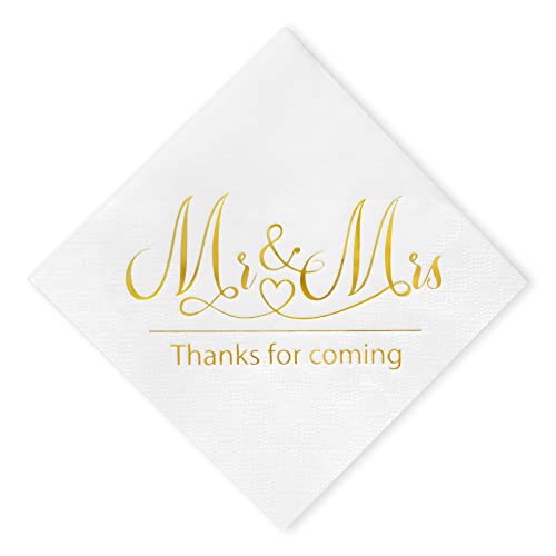 Ndeno 100 Pcs, 3-Ply Wedding Napkins Mr & Mrs Gold Cocktail Beverage Napkins for Wedding Reception Decorations Shower Engagement Party, Cake Dessert Table decorations Supplies (100pcs, Gold)
