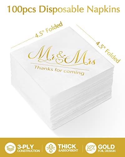 Ndeno 100 Pcs, 3-Ply Wedding Napkins Mr & Mrs Gold Cocktail Beverage Napkins for Wedding Reception Decorations Shower Engagement Party, Cake Dessert Table decorations Supplies (100pcs, Gold)