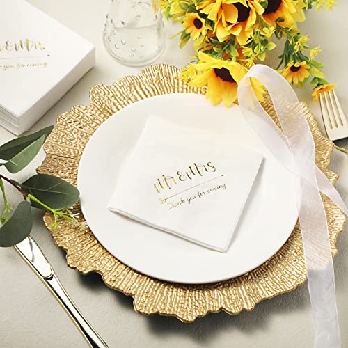 200 Pieces Wedding Napkins Mr Mrs Wedding Cocktail Napkins 3 Ply Gold Foil Napkins Disposable Beverage Dessert Napkins for Wedding Table Decorations Shower Engagement Party(Simple)
