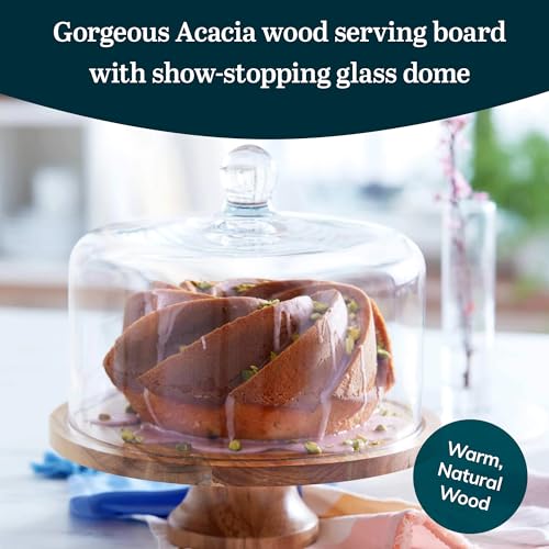 Libbey Acaciawood Footed Round Wood Server Cake Stand with Glass Dome