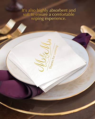 Ndeno 100 Pcs, 3-Ply Wedding Napkins Mr & Mrs Gold Cocktail Beverage Napkins for Wedding Reception Decorations Shower Engagement Party, Cake Dessert Table decorations Supplies (100pcs, Gold)