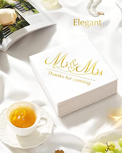 Ndeno 100 Pcs, 3-Ply Wedding Napkins Mr & Mrs Gold Cocktail Beverage Napkins for Wedding Reception Decorations Shower Engagement Party, Cake Dessert Table decorations Supplies (100pcs, Gold)