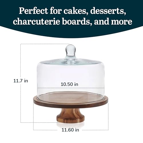Libbey Acaciawood Footed Round Wood Server Cake Stand with Glass Dome