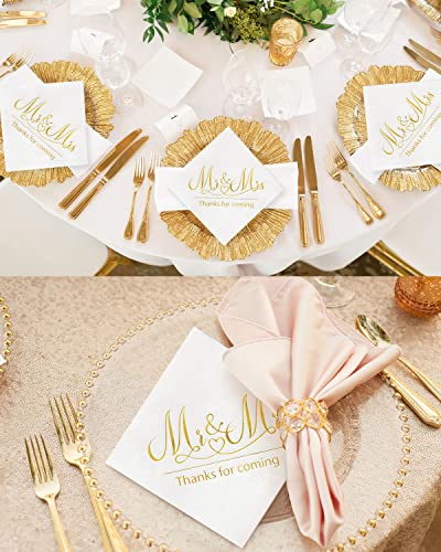 Ndeno 100 Pcs, 3-Ply Wedding Napkins Mr & Mrs Gold Cocktail Beverage Napkins for Wedding Reception Decorations Shower Engagement Party, Cake Dessert Table decorations Supplies (100pcs, Gold)