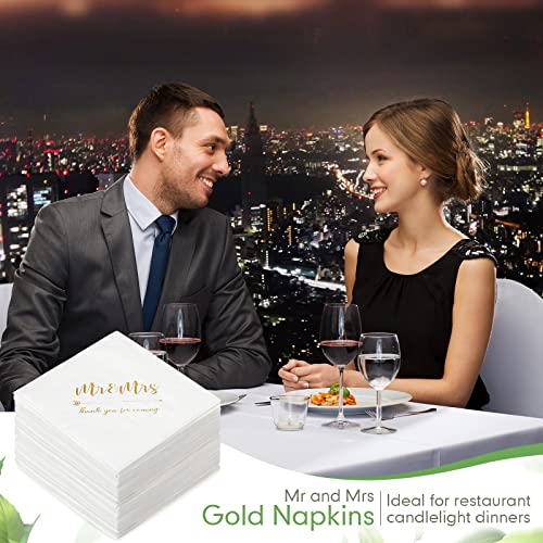 200 Pieces Wedding Napkins Mr Mrs Wedding Cocktail Napkins 3 Ply Gold Foil Napkins Disposable Beverage Dessert Napkins for Wedding Table Decorations Shower Engagement Party(Simple)