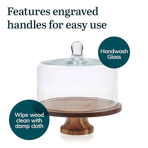 Libbey Acaciawood Footed Round Wood Server Cake Stand with Glass Dome