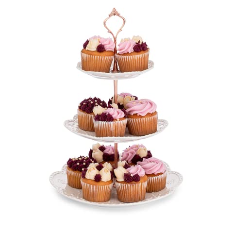 AsherKeep 3 Tier Porcelain Cupcake Stand - Dessert Table Display Set, Tiered Serving Cake Tray, White Embossed Dessert Stand, Parties Serving Plate, Decorative Centerpiece to Any Occasion - (Round)
