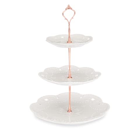 AsherKeep 3 Tier Porcelain Cupcake Stand - Dessert Table Display Set, Tiered Serving Cake Tray, White Embossed Dessert Stand, Parties Serving Plate, Decorative Centerpiece to Any Occasion - (Round)