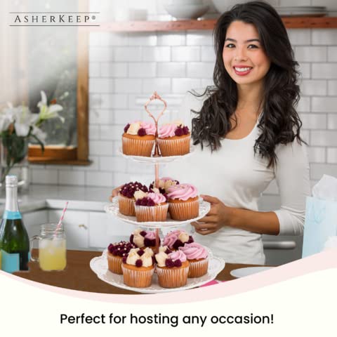 AsherKeep 3 Tier Porcelain Cupcake Stand - Dessert Table Display Set, Tiered Serving Cake Tray, White Embossed Dessert Stand, Parties Serving Plate, Decorative Centerpiece to Any Occasion - (Round)