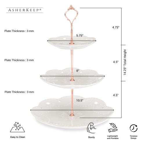 AsherKeep 3 Tier Porcelain Cupcake Stand - Dessert Table Display Set, Tiered Serving Cake Tray, White Embossed Dessert Stand, Parties Serving Plate, Decorative Centerpiece to Any Occasion - (Round)