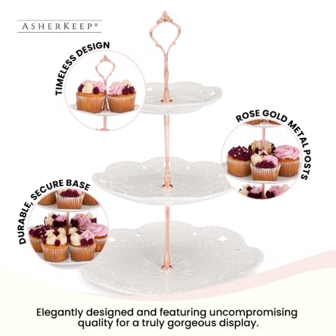 AsherKeep 3 Tier Porcelain Cupcake Stand - Dessert Table Display Set, Tiered Serving Cake Tray, White Embossed Dessert Stand, Parties Serving Plate, Decorative Centerpiece to Any Occasion - (Round)