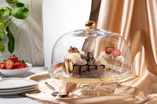 Glass - Cake Dome - with - Gold Rim - and - Gold Knob - for Cake - Fruit - Cheese - 11.75" Diameter - Made in Europe - by Barski