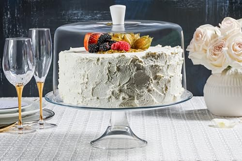 Footed Cake Plate - with Opal Knobbed - Dome - Classic Clear Collection - for Cake - Cheese - Fruit - Plate is 13" Diameter - Dome is 11.5" Diameter - Made in Europe - by Barski