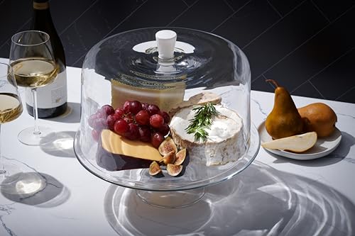 Footed Cake Plate - with Opal Knobbed - Dome - Classic Clear Collection - for Cake - Cheese - Fruit - Plate is 13" Diameter - Dome is 11.5" Diameter - Made in Europe - by Barski