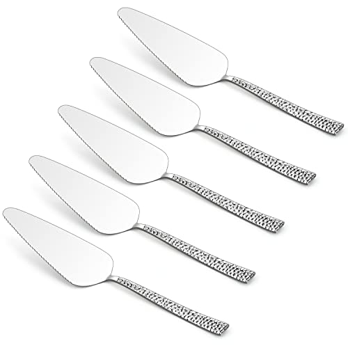 5-Piece Pie Server, E-far Hammered Stainless Steel Cake Server Spatula for Cutting Pastry Cheese Pizza, Serrated Edge with Square Handle, Mirror Polished & Dishwasher Safe-8.9 Inch