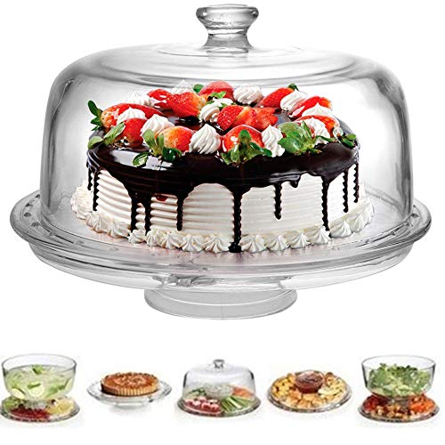 Extra Large (12") 6 in 1 Acrylic Cake Stand with Dome Lid Multifunctional Serving Platter and Plate, Salad Bowl/Veggie Platter/Punch Bowl/Desert Platter/Chips & Dip - BPA Free