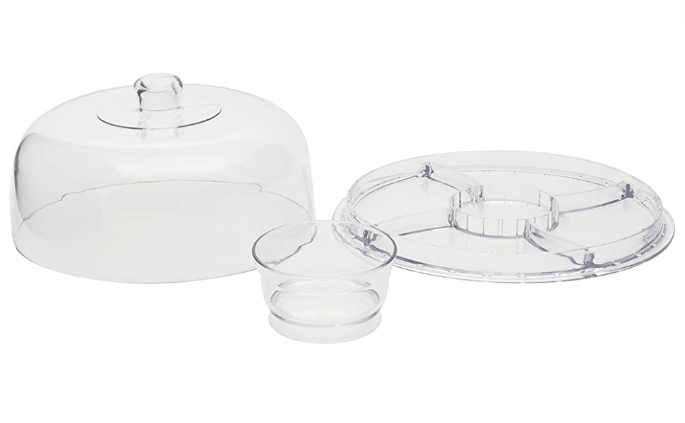 Extra Large (12") 6 in 1 Acrylic Cake Stand with Dome Lid Multifunctional Serving Platter and Plate, Salad Bowl/Veggie Platter/Punch Bowl/Desert Platter/Chips & Dip - BPA Free