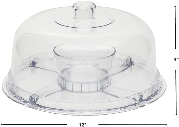 Extra Large (12") 6 in 1 Acrylic Cake Stand with Dome Lid Multifunctional Serving Platter and Plate, Salad Bowl/Veggie Platter/Punch Bowl/Desert Platter/Chips & Dip - BPA Free