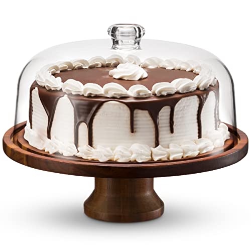 Godinger Cake Stand, Footed Cake Plate with Dome, Acacia Wood and Shaterproof Acrylic Lid, Wood Cake Stand with Dome