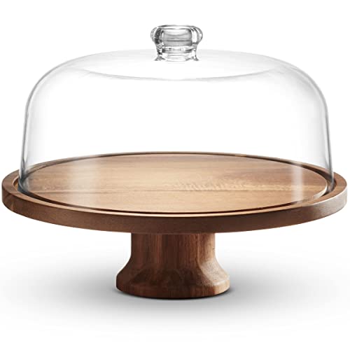 Godinger Cake Stand, Footed Cake Plate with Dome, Acacia Wood and Shaterproof Acrylic Lid, Wood Cake Stand with Dome