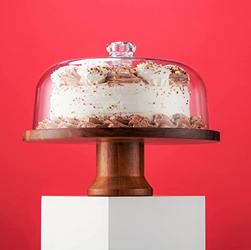 Godinger Cake Stand, Footed Cake Plate with Dome, Acacia Wood and Shaterproof Acrylic Lid, Wood Cake Stand with Dome