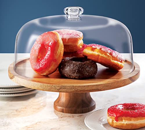 Godinger Cake Stand, Footed Cake Plate with Dome, Acacia Wood and Shaterproof Acrylic Lid, Wood Cake Stand with Dome