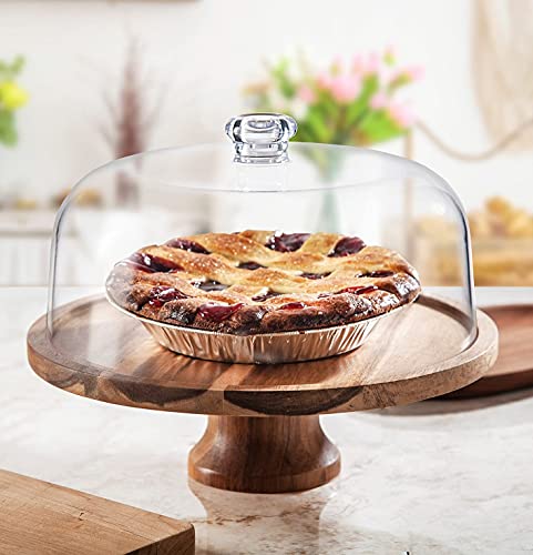 Godinger Cake Stand, Footed Cake Plate with Dome, Acacia Wood and Shaterproof Acrylic Lid, Wood Cake Stand with Dome