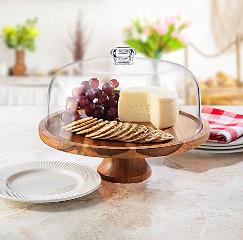 Godinger Cake Stand, Footed Cake Plate with Dome, Acacia Wood and Shaterproof Acrylic Lid, Wood Cake Stand with Dome