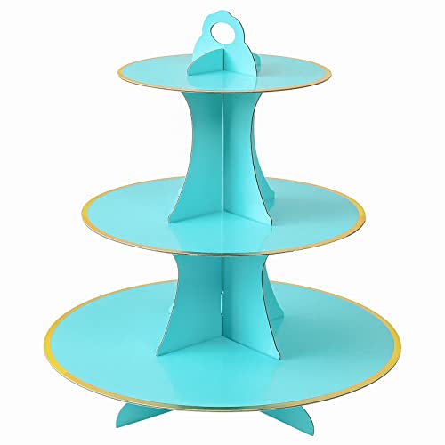 Soleebee 3-Tier Round Cupcake Stand, Cardboard Cupcake Tower, Dessert Cup Cake Stand Tower for Birthday Wedding Party Decoration, Cupcake Tier Stand 1 Set (Blue Gold)