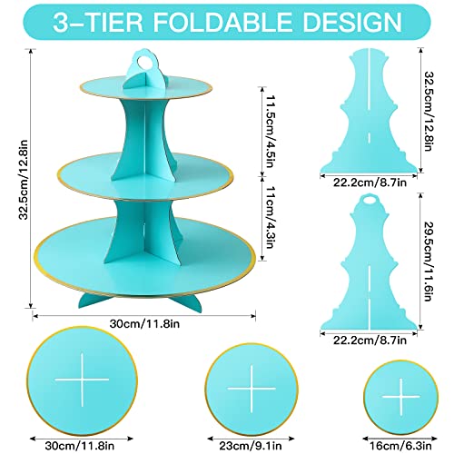 Soleebee 3-Tier Round Cupcake Stand, Cardboard Cupcake Tower, Dessert Cup Cake Stand Tower for Birthday Wedding Party Decoration, Cupcake Tier Stand 1 Set (Blue Gold)