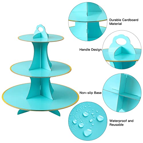 Soleebee 3-Tier Round Cupcake Stand, Cardboard Cupcake Tower, Dessert Cup Cake Stand Tower for Birthday Wedding Party Decoration, Cupcake Tier Stand 1 Set (Blue Gold)