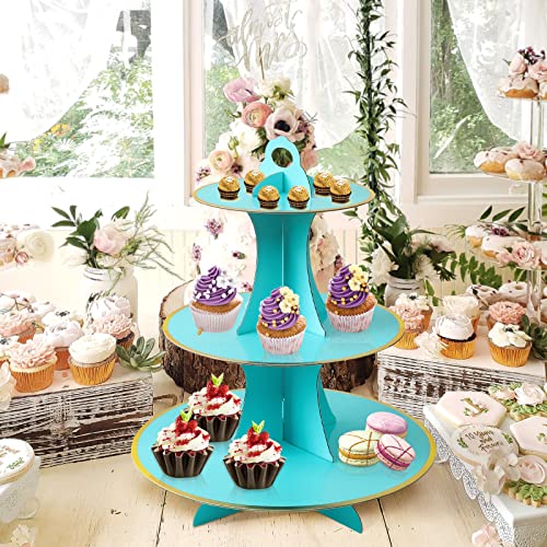 Soleebee 3-Tier Round Cupcake Stand, Cardboard Cupcake Tower, Dessert Cup Cake Stand Tower for Birthday Wedding Party Decoration, Cupcake Tier Stand 1 Set (Blue Gold)