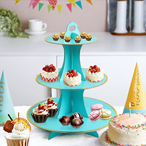 Soleebee 3-Tier Round Cupcake Stand, Cardboard Cupcake Tower, Dessert Cup Cake Stand Tower for Birthday Wedding Party Decoration, Cupcake Tier Stand 1 Set (Blue Gold)
