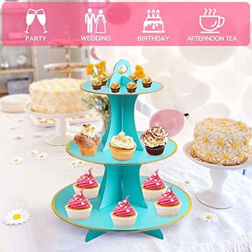 Soleebee 3-Tier Round Cupcake Stand, Cardboard Cupcake Tower, Dessert Cup Cake Stand Tower for Birthday Wedding Party Decoration, Cupcake Tier Stand 1 Set (Blue Gold)