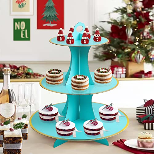 Soleebee 3-Tier Round Cupcake Stand, Cardboard Cupcake Tower, Dessert Cup Cake Stand Tower for Birthday Wedding Party Decoration, Cupcake Tier Stand 1 Set (Blue Gold)