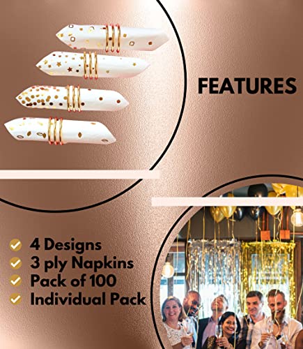 100 PK Gold Napkins - 4 Assorted Designs - 3-Ply Cocktail Napkins Folded 5 x 5 Inches Bar Napkins Disposable Party Napkins Paper Napkins Dinner for Wedding Baby Shower Birthday Graduation 2022